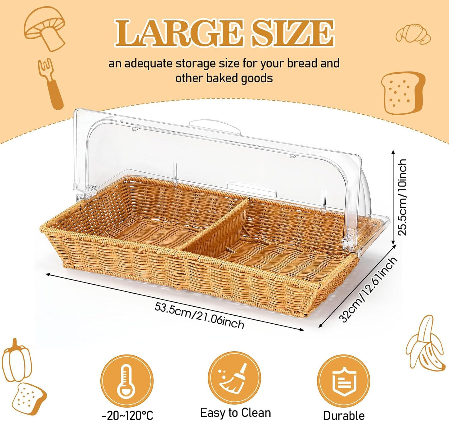 Set 2 Cestas Pan Mimbre Tapa Acrílico Transparente 21x13pulg