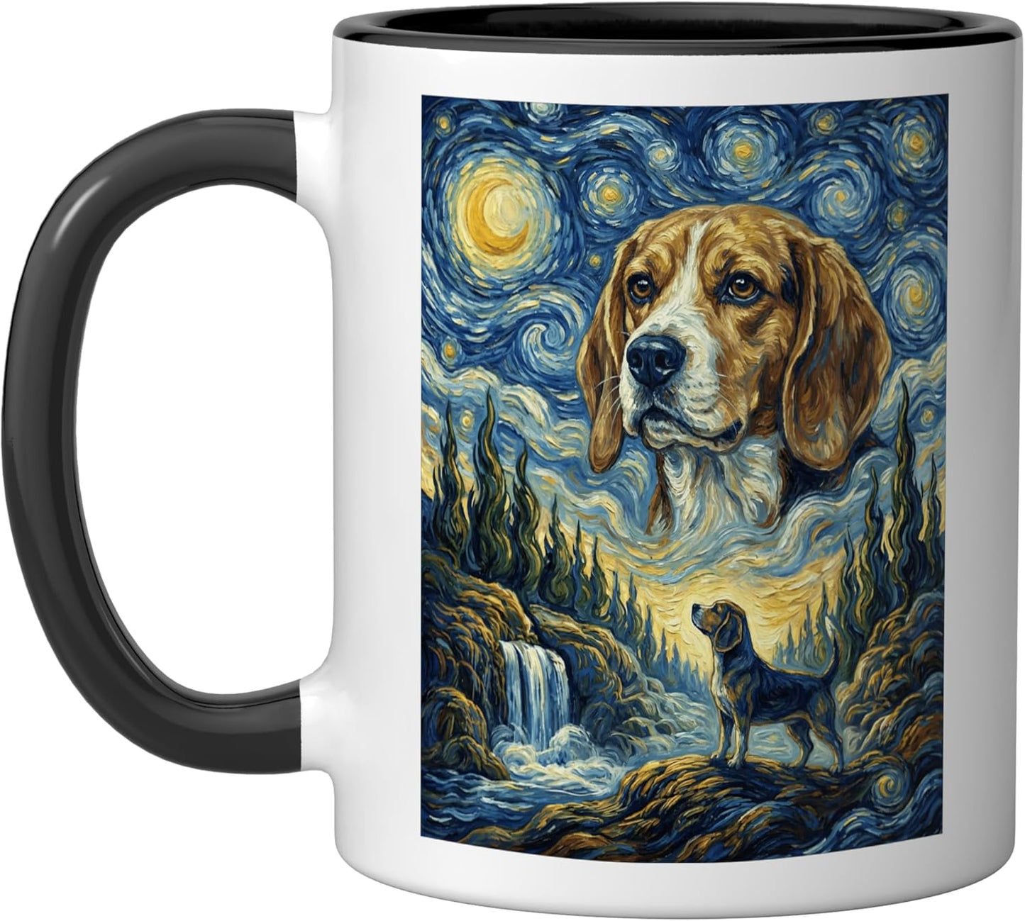 Taza Cerámica Perro Luna Estrellas Estilo Van Gogh Negro/Blanco