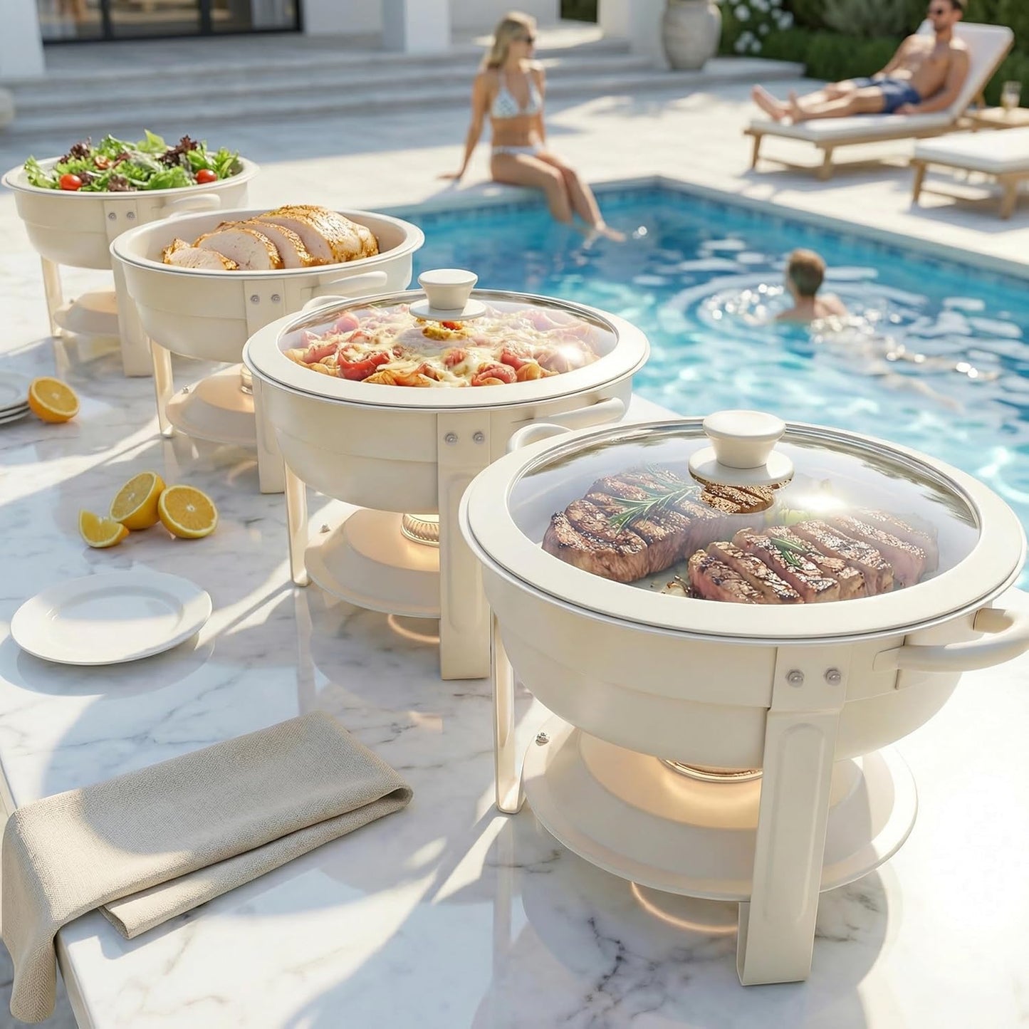 Set 4 Platos Buffet Acero Inox Granito Blanco Calentador Alimentos