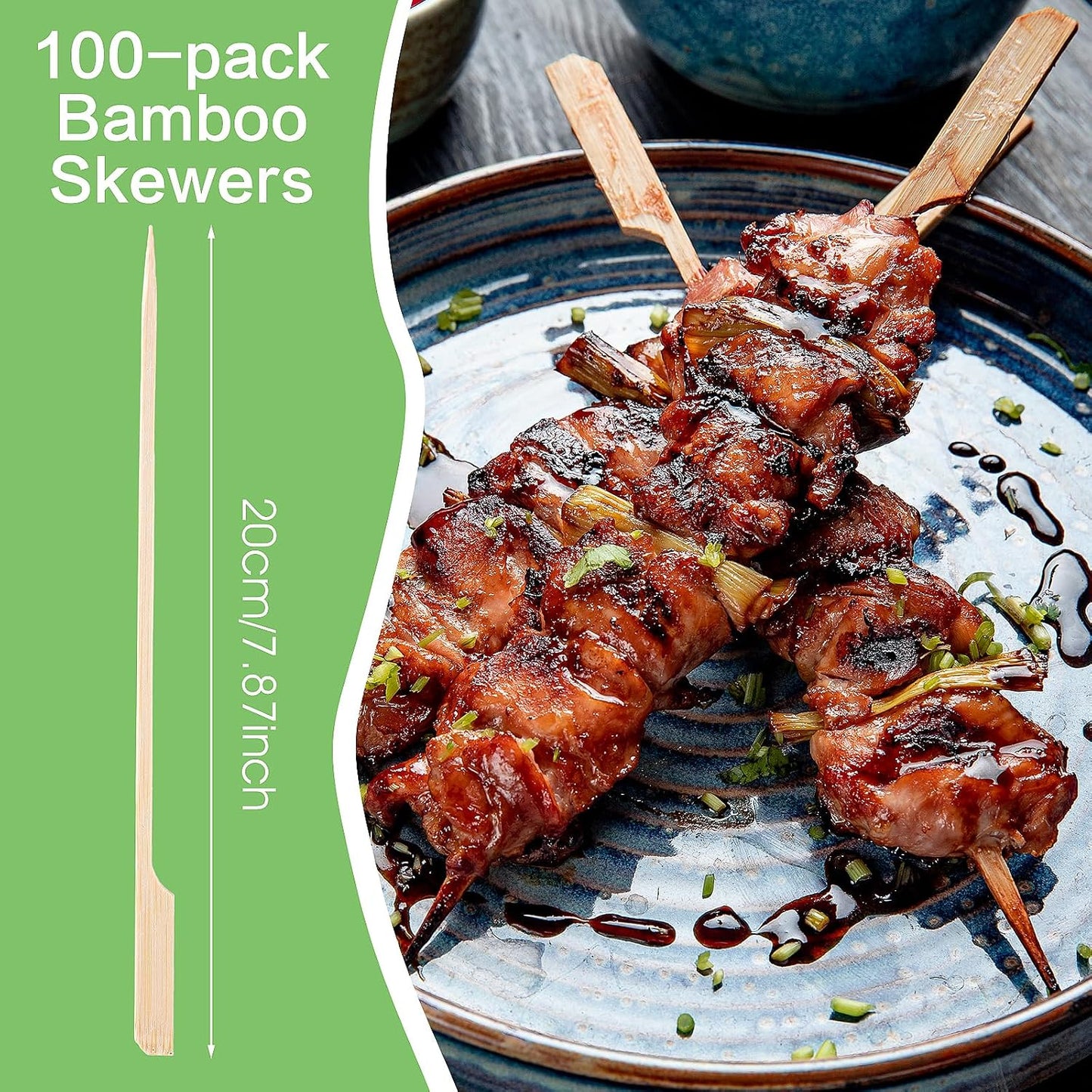100 Brochetas Bambú 8pulg para Cóctel Fruta Barbacoa