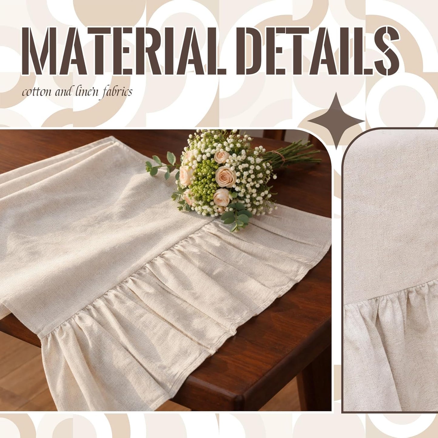 Camino de mesa bohemio de lino beige con volantes, decoración rústica para hogar