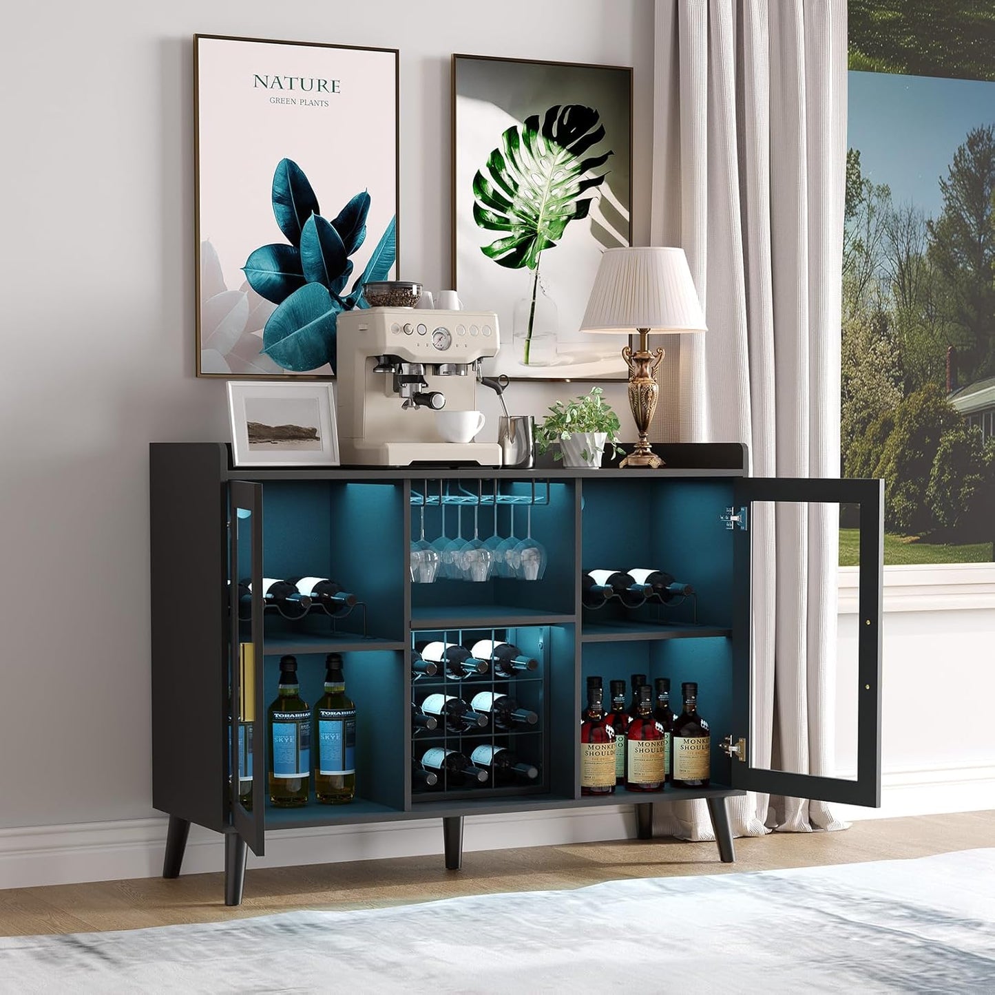 Armario bar vino LED ajustable puerta vidrio estante