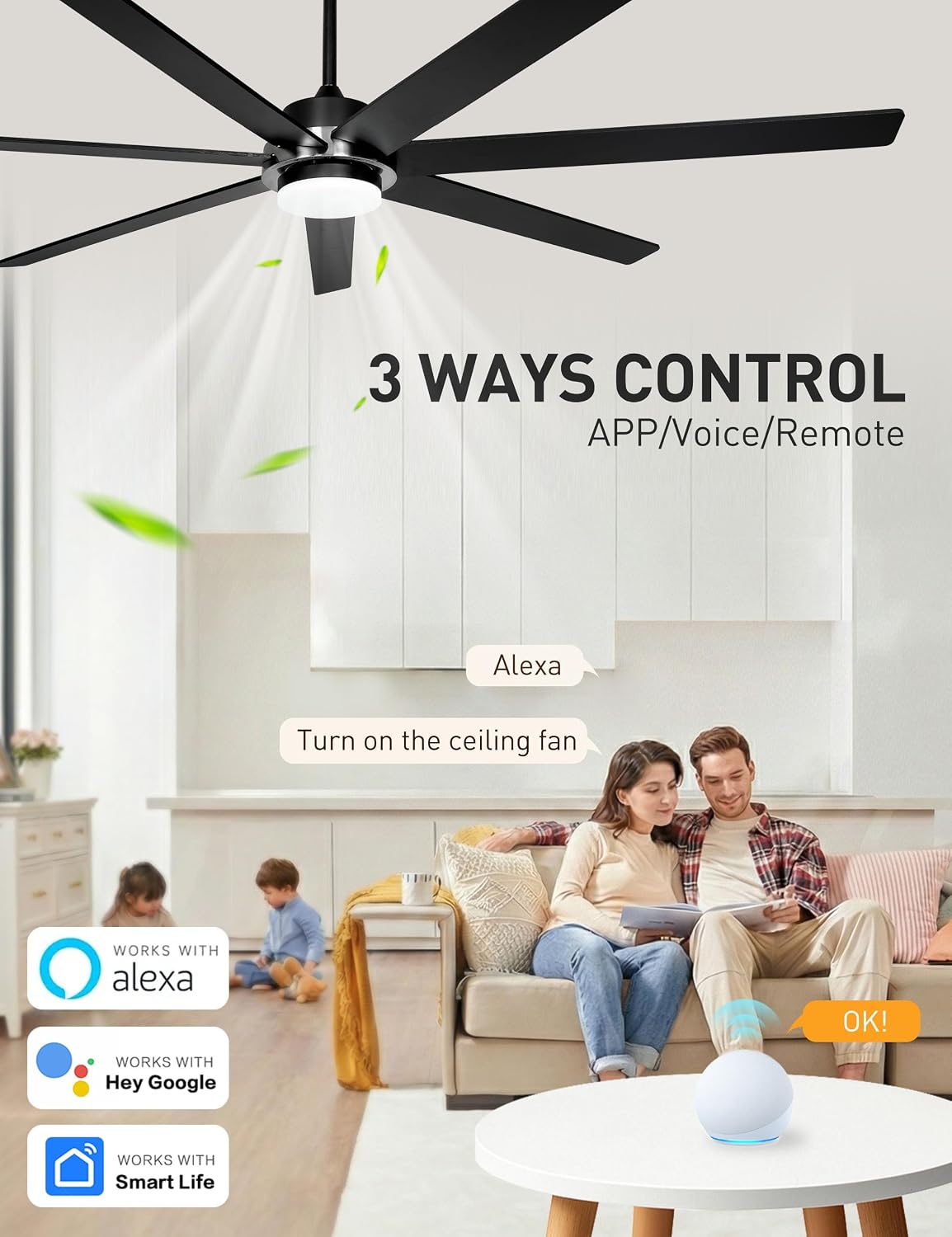 Ventilador techo 72pulg luces Alexa 6 velocidades motor CC