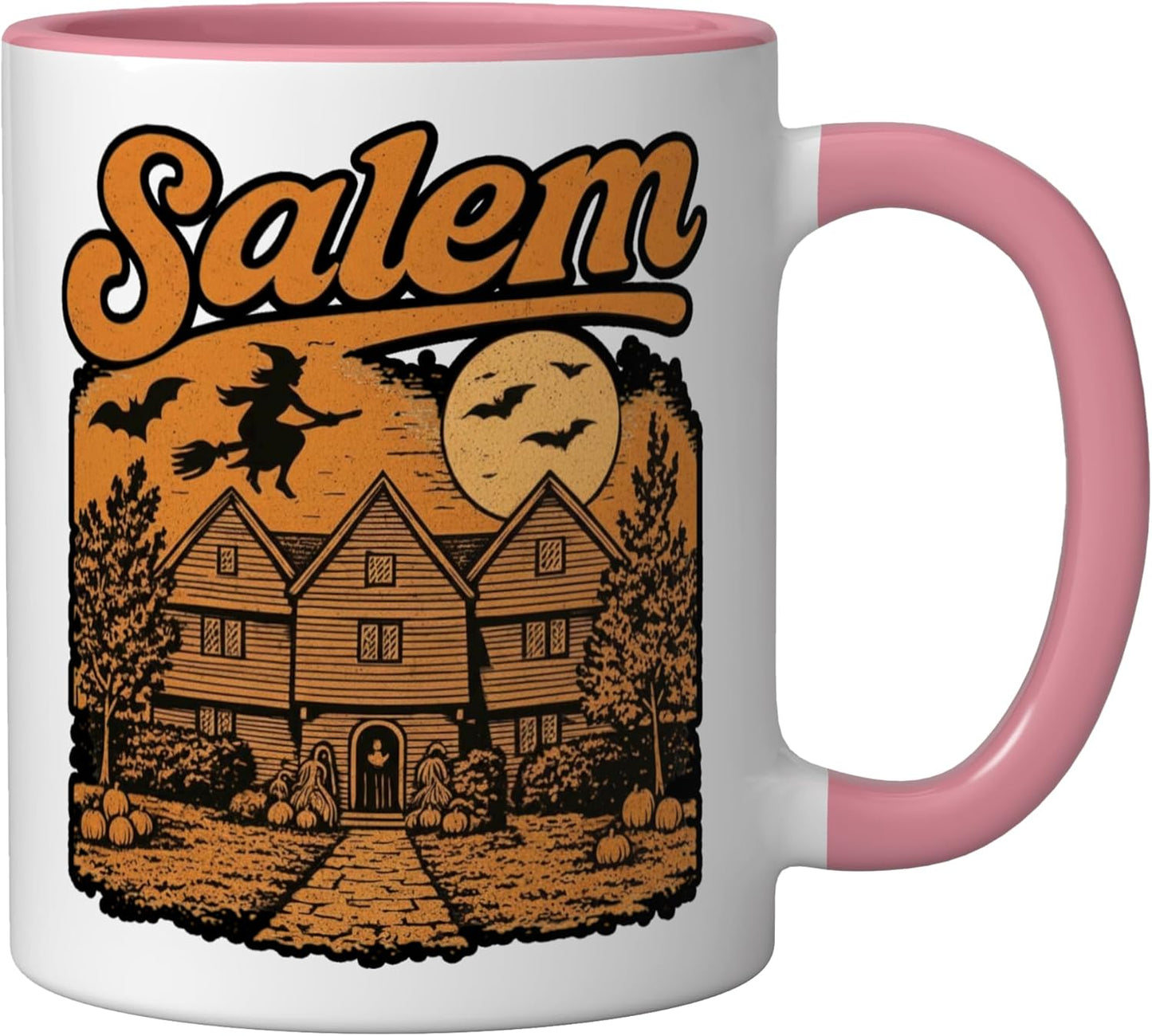 Taza de cerámica Salem Witch House luna llena rosa y blanco
