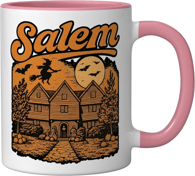Taza de cerámica Salem Witch House luna llena rosa y blanco