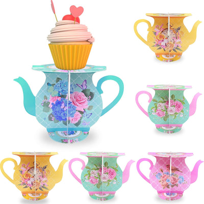 Set 12 Soportes Cupcakes Tetera Diseño Floral Bodas Cumpleaños