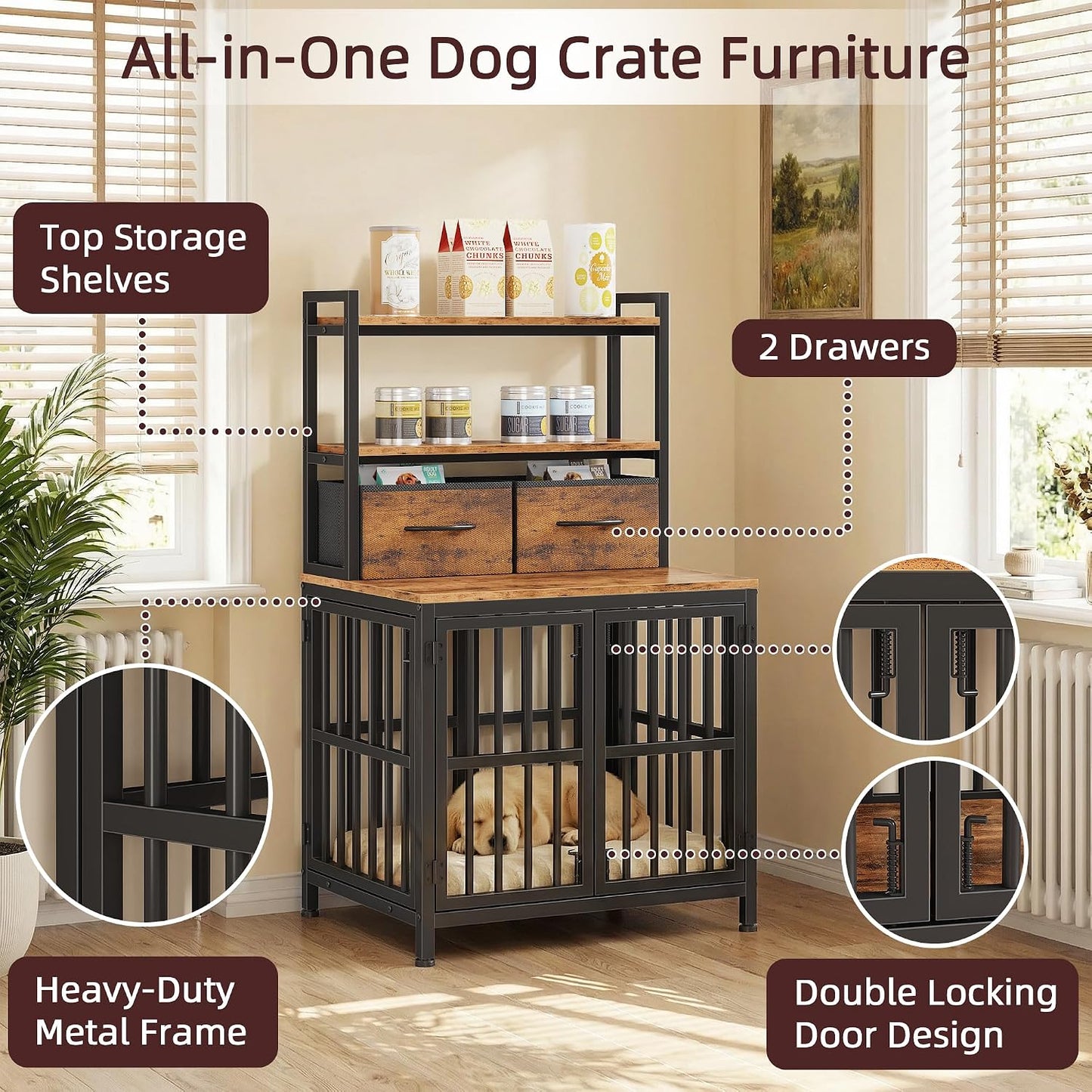 Jaula perros 25.5pulg con cajón estante 4 puertas