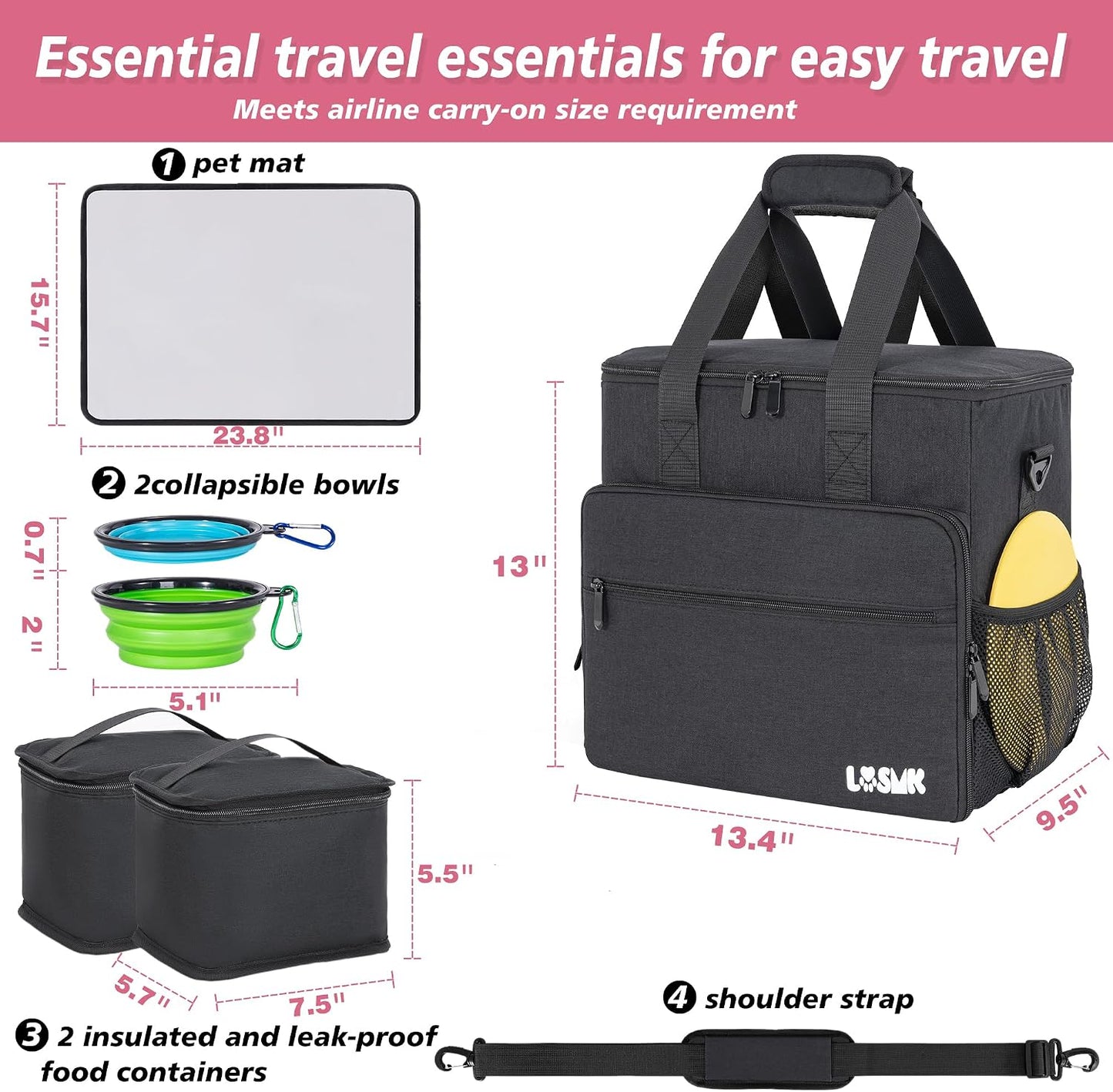 Bolsa viaje perro grande con bolsillos 2 cuencos plegables