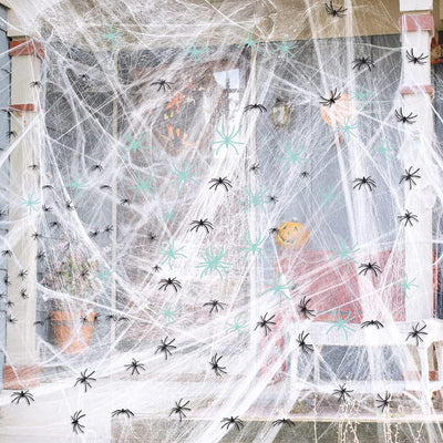 Decoración telaraña Halloween 300ft2 10 arañas brillan