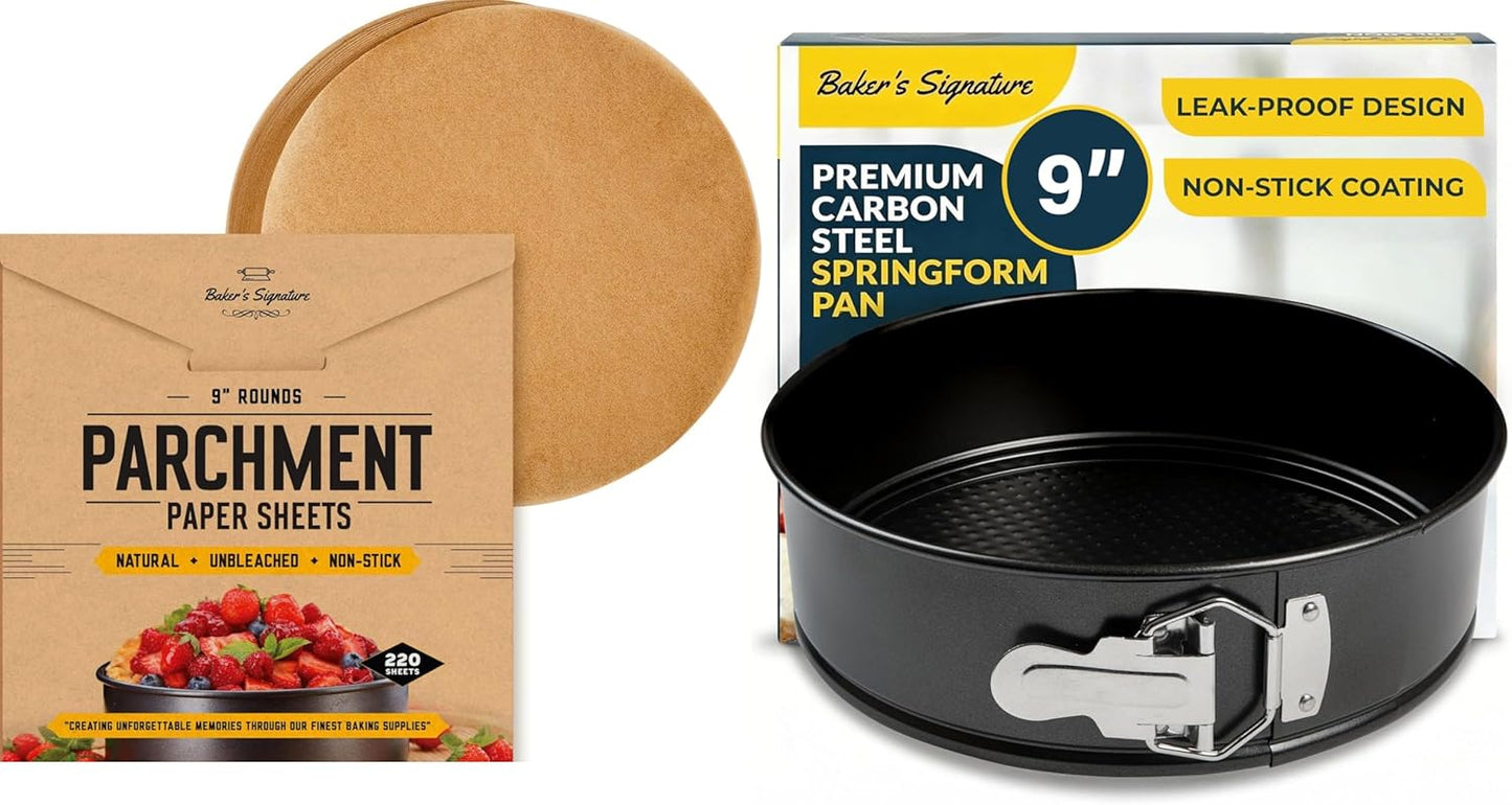 Molde para cheesecake de 9 pulgadas con base extraíble y 220 rondas de papel pergamino