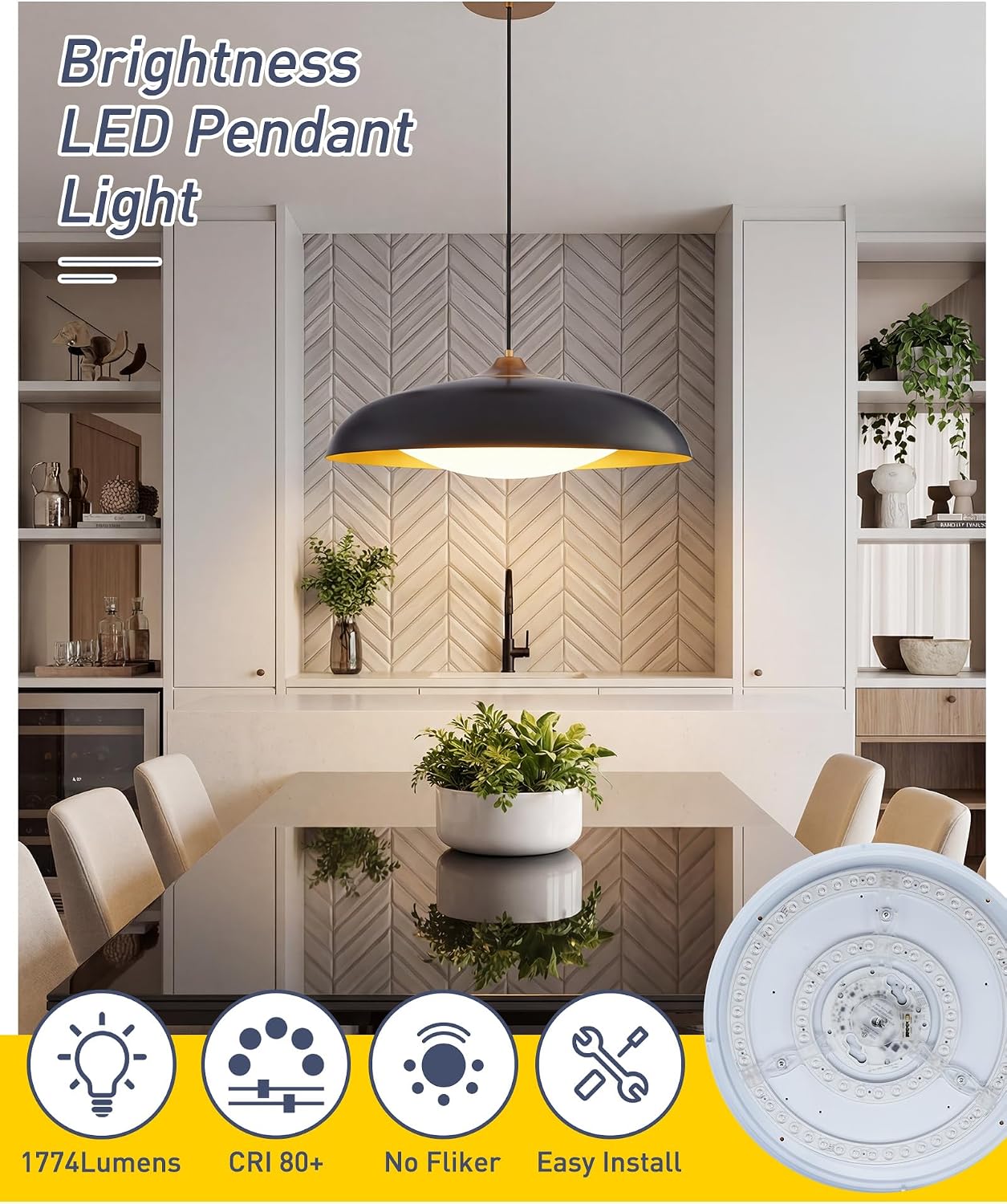 Lámpara colgante LED 21pulg metal cúpula negra dorada