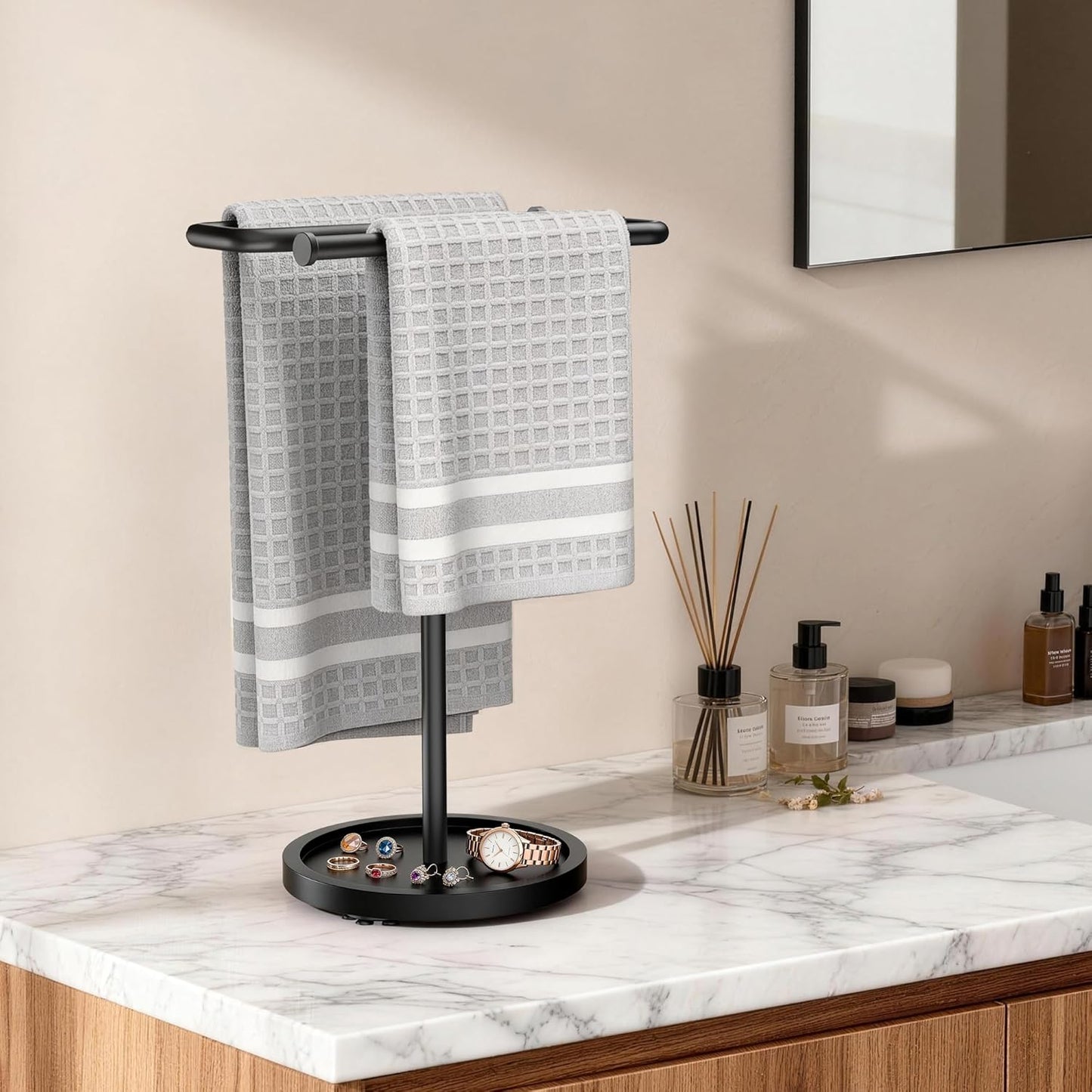 Toallero ajustable acero inox forma S base madera cocina