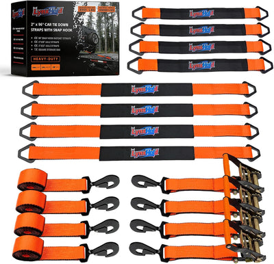 Correas amarre auto 2x96pulg gancho 10000lb set 4 trinquetes acero