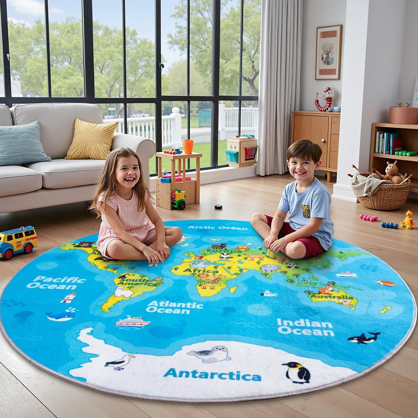 Alfombra educativa mapa mundo 4x4ft con animales