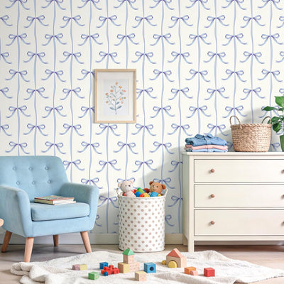 Papel tapiz con lazo blanco y azul para dormitorio de niña