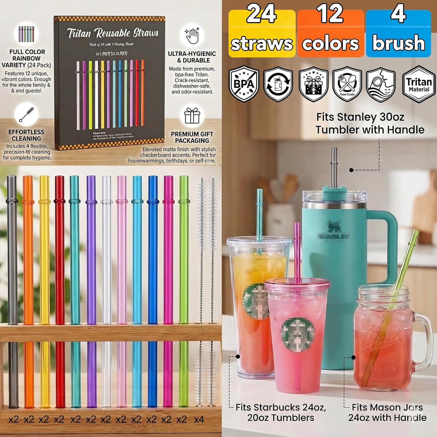 Popotes reutilizables Tritan de 10.5 pulgadas con cepillos, 12 colores transparentes para tumblers 30 oz, 20 oz, 16 oz, Stanley, Starbucks