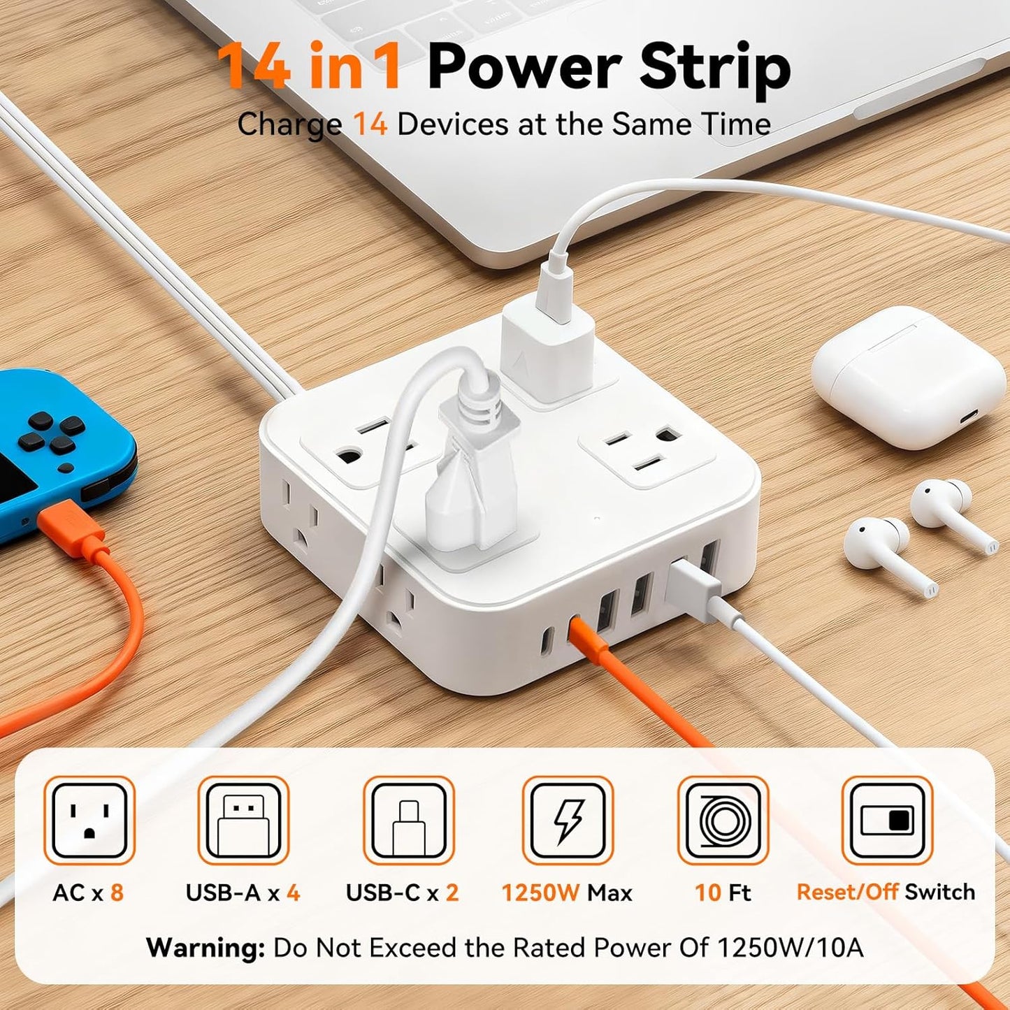 Cable extensión 10 pies 8 salidas 6 USB 1250W con proteccion