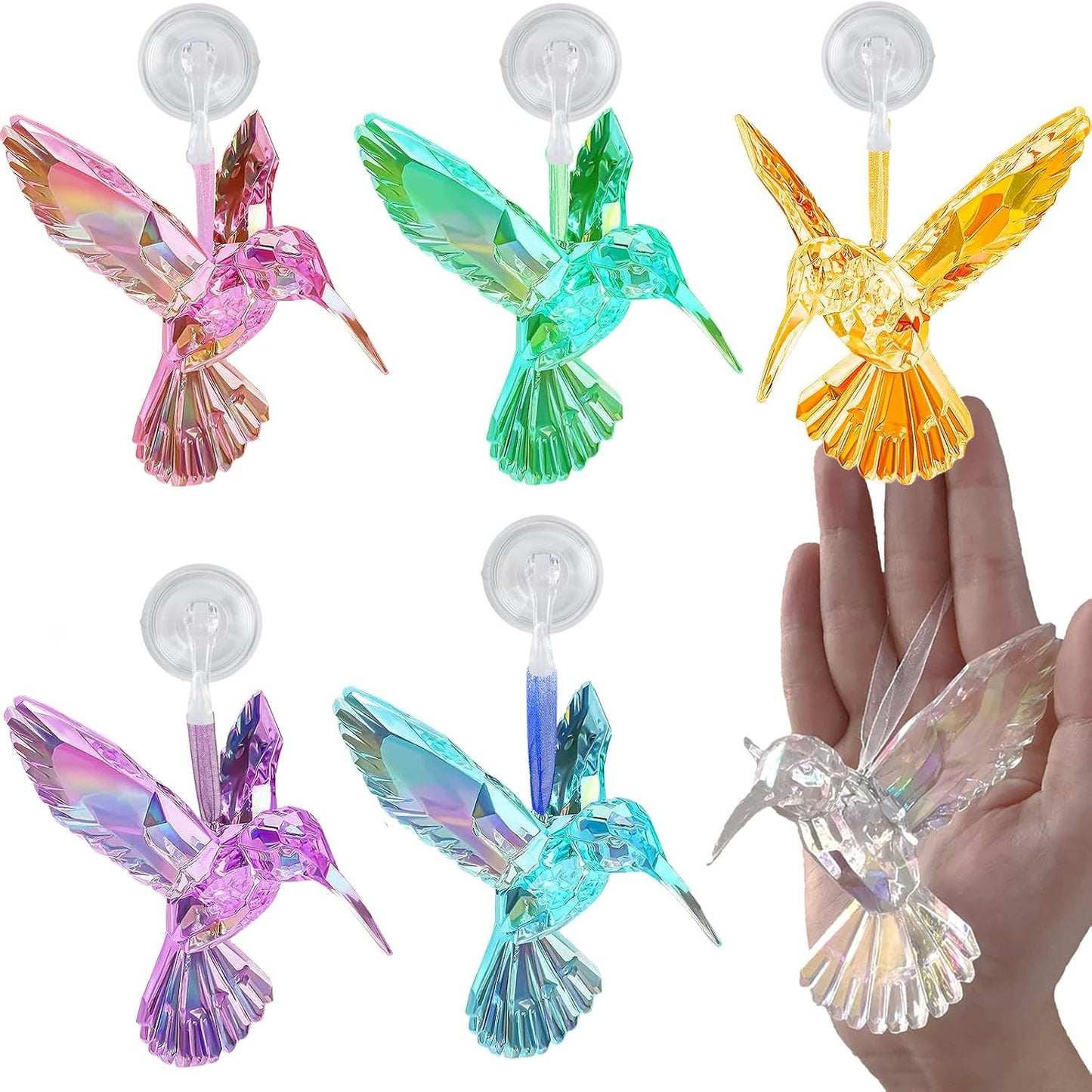6 Pzas Ventosa Colibrí Iridiscente Cristal Decorativo