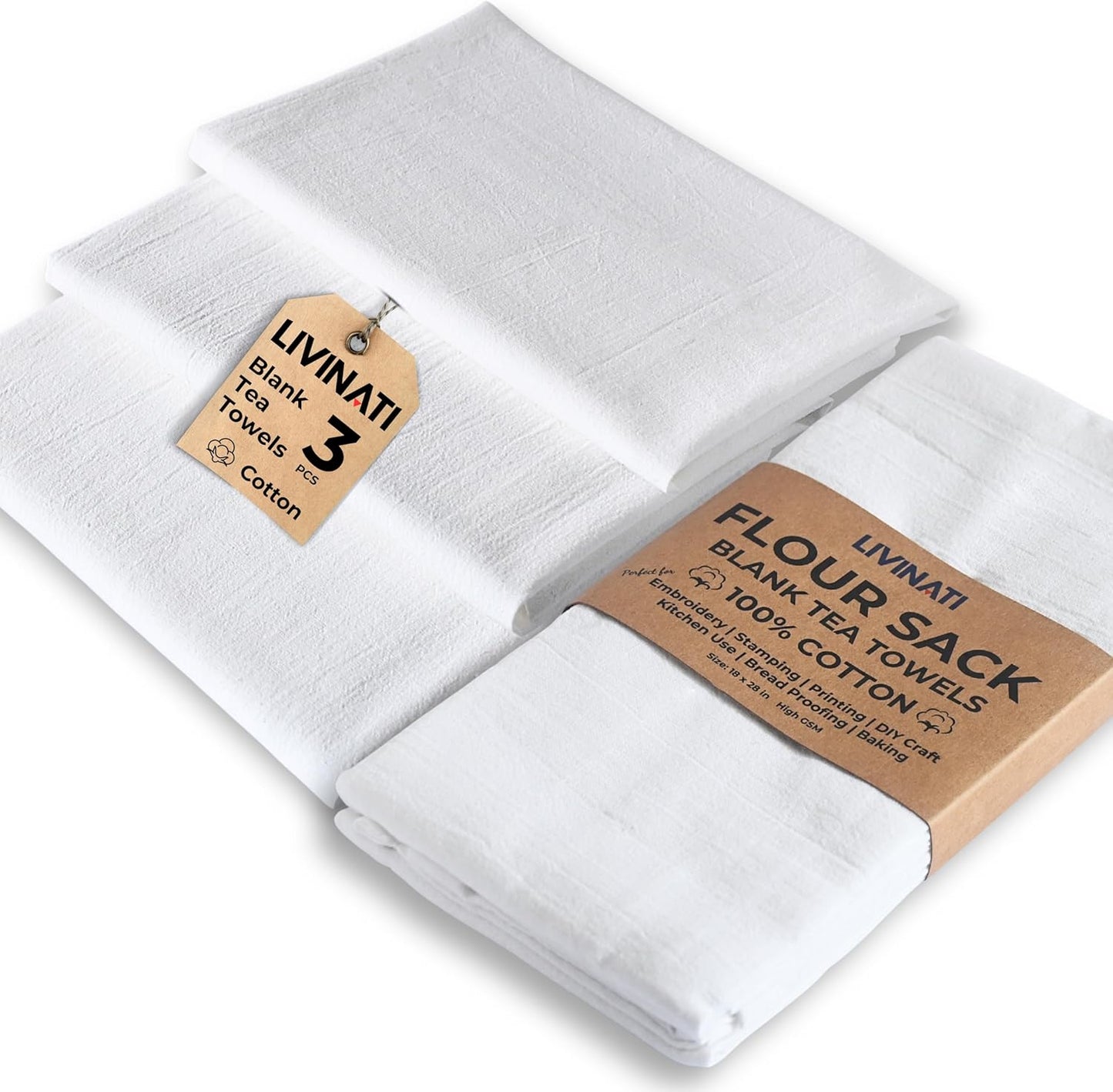 Paños cocina lino blanco 18x28pulg set 3 100% algodón