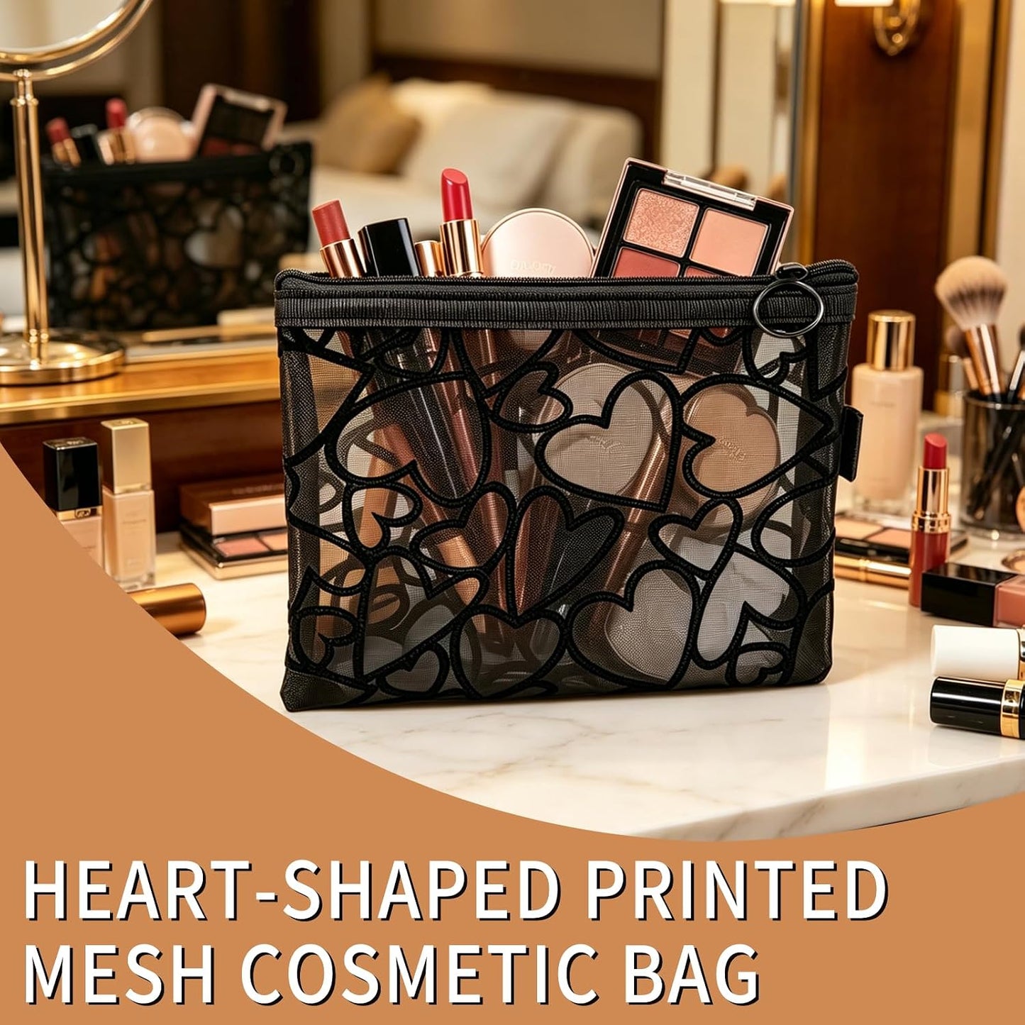 6 Pzas Bolsas Maquillaje Malla Estampado Corazón Beige Negro