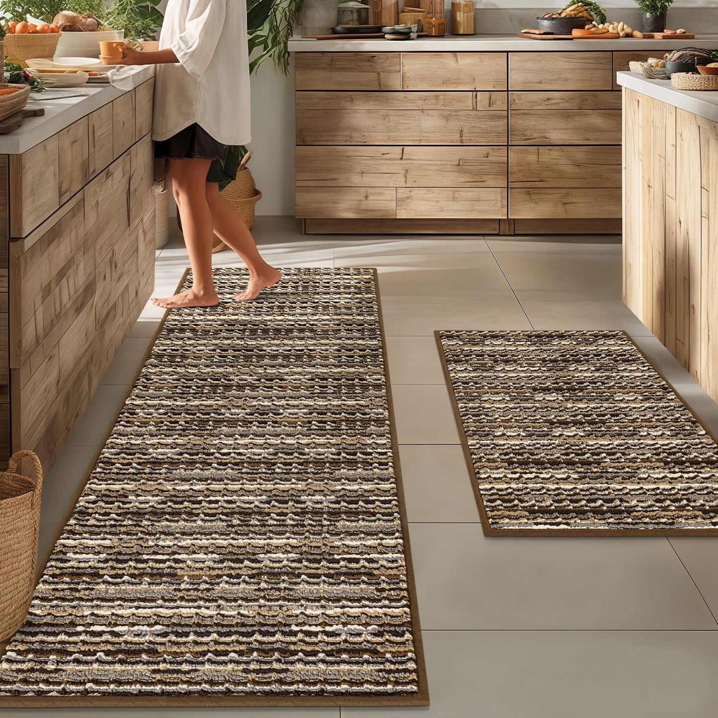 Alfombras cocina brown gream floral set 2