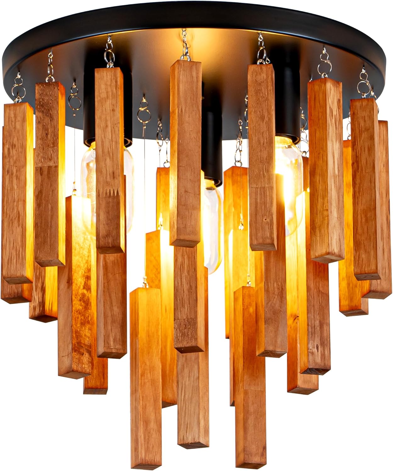 Lámpara techo madera 3 luces acabado negro rústica dormitorio