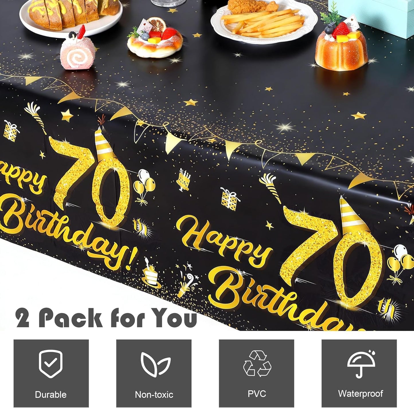 Mantel de plástico rectangular impermeable 108x54 pulgadas paquete de 2 color negro y dorado