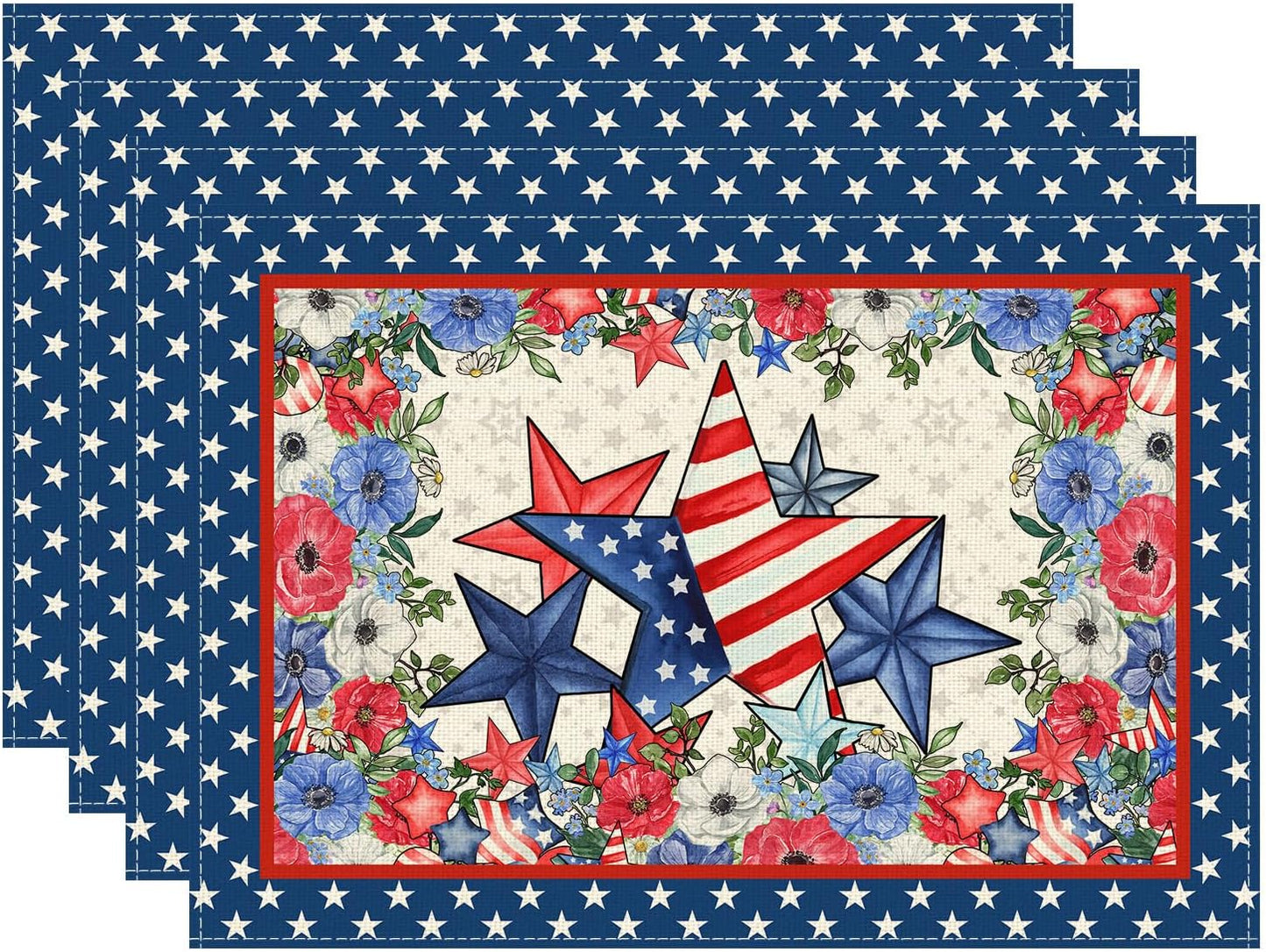 4 Manteles individuales patrióticos estrellas flores 4 de julio