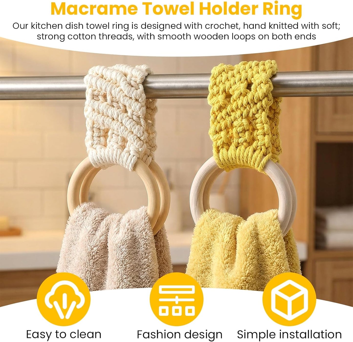 Juego de 2 toallas de cocina estilo bohemio para colgar con anillo y ganchos