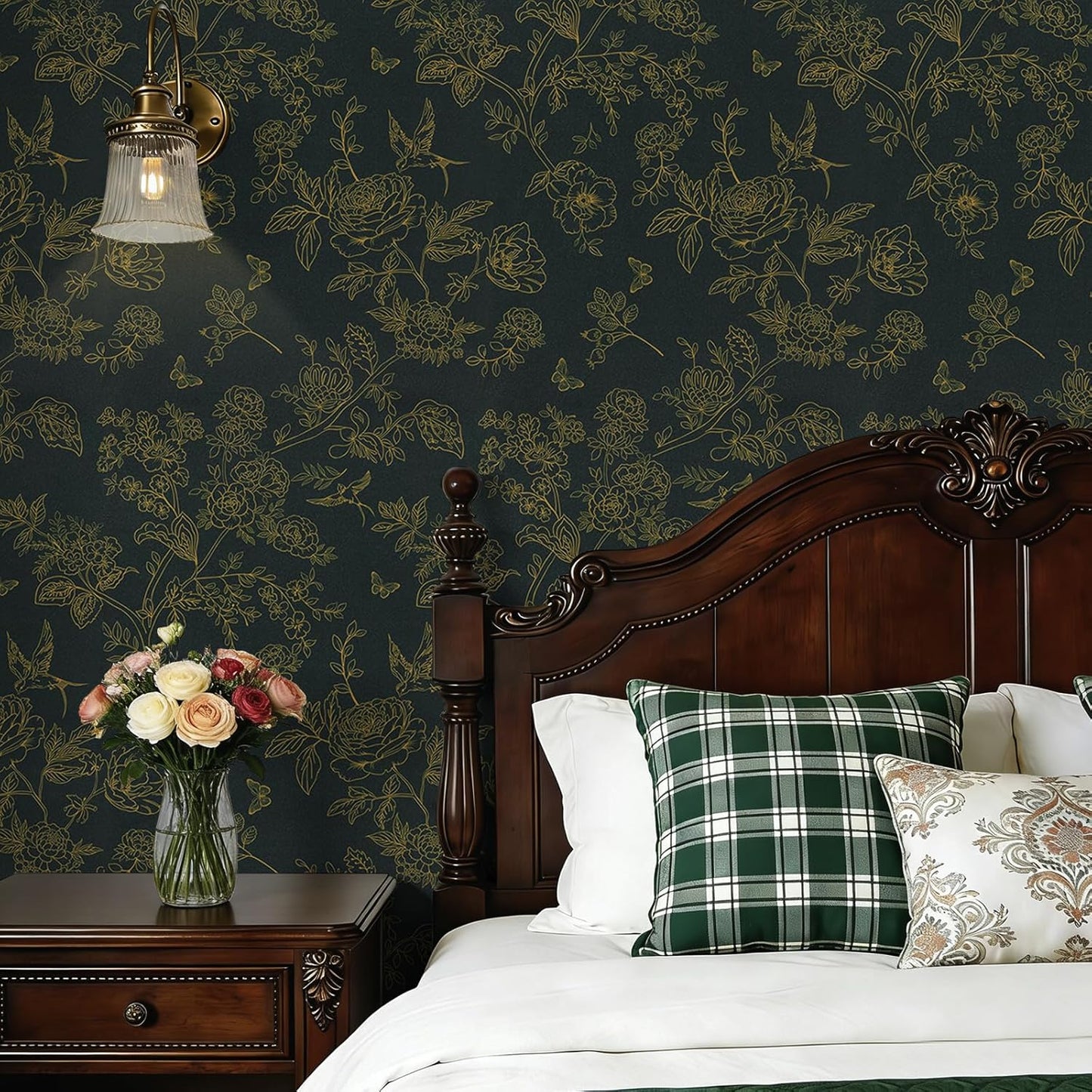 Papel tapiz floral verde oscuro dorado autoadhesivo