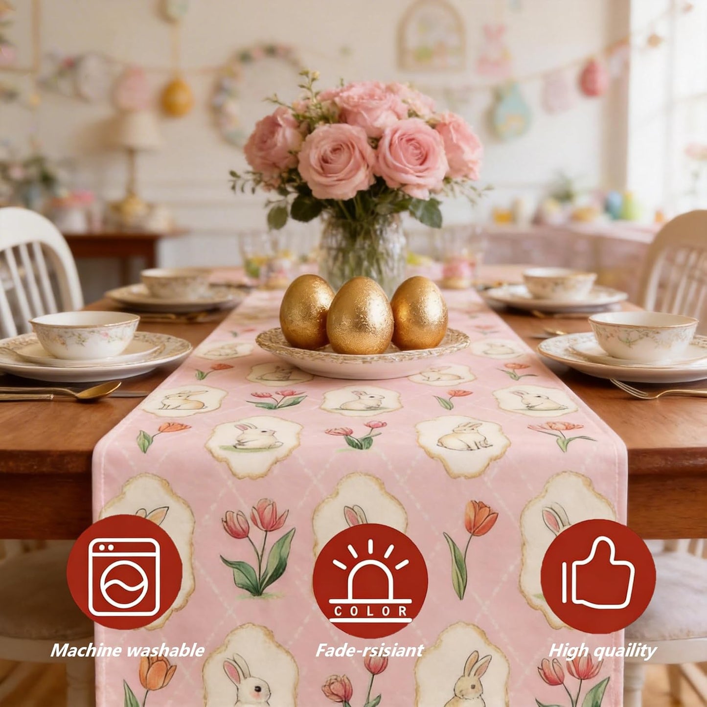 Camino de mesa de Pascua con conejo, duradero y lavable para hogar y comedor