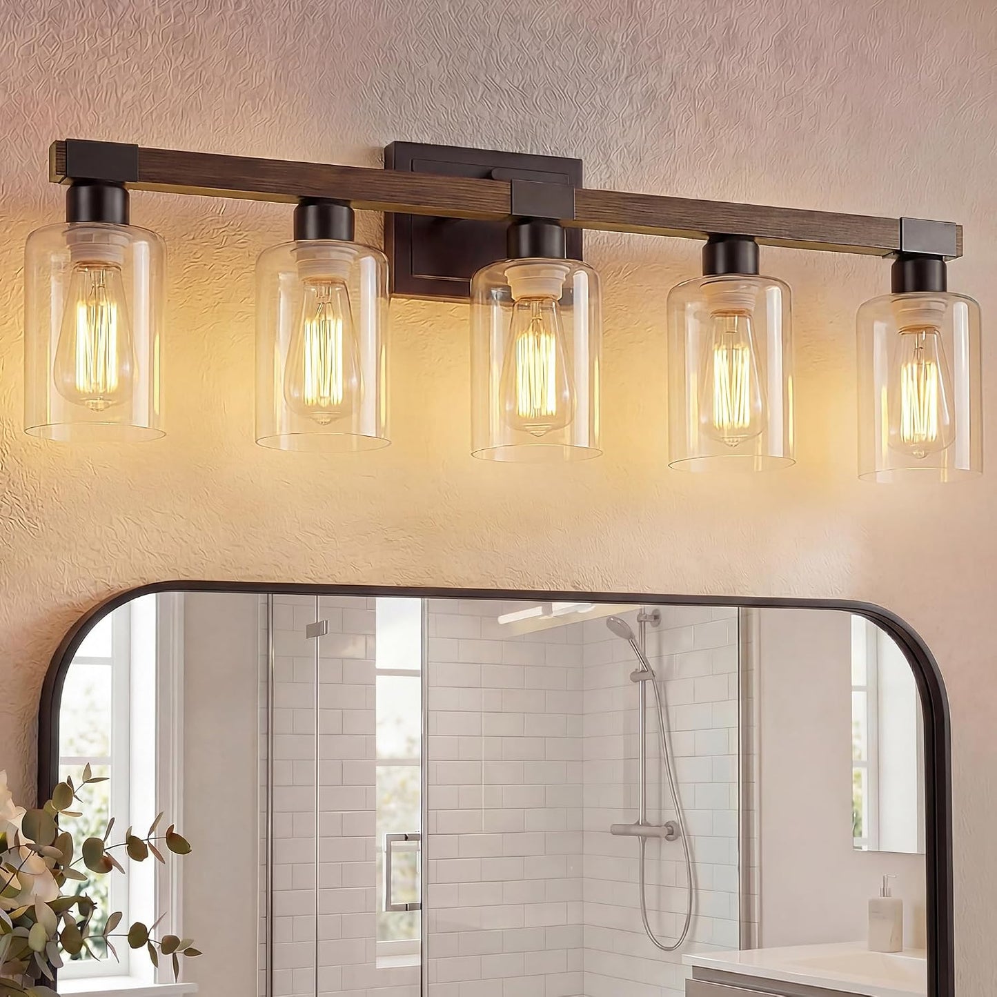 Lámpara baño rústica 5 luces sobre espejo madera certificada UL