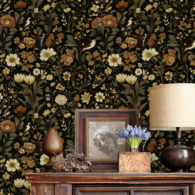 Papel tapiz floral oscuro 16.9x196.8pulg despegar y pegar