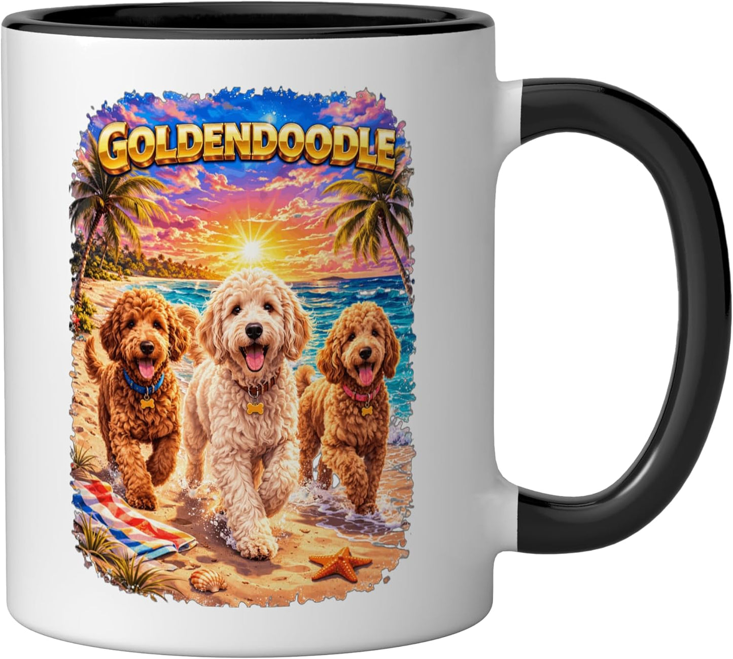 Taza cerámica Goldendoodle playa verano amante perro atardecer tropical negro/blanco