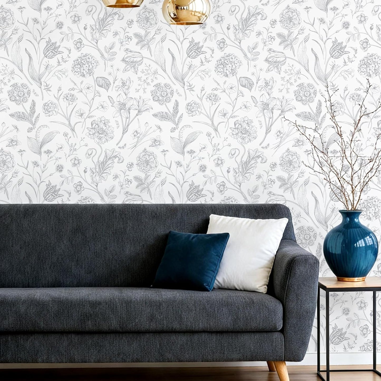 Papel Tapiz Floral Gris Extraíble para Dormitorio