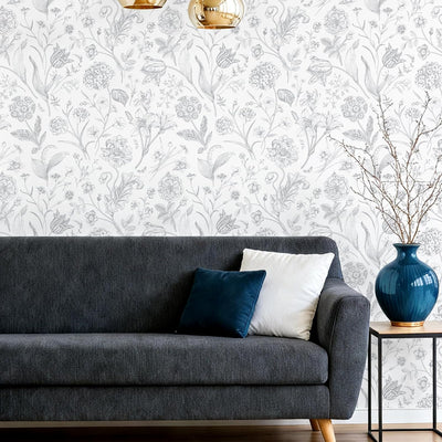 Papel Tapiz Floral Gris Extraíble para Dormitorio
