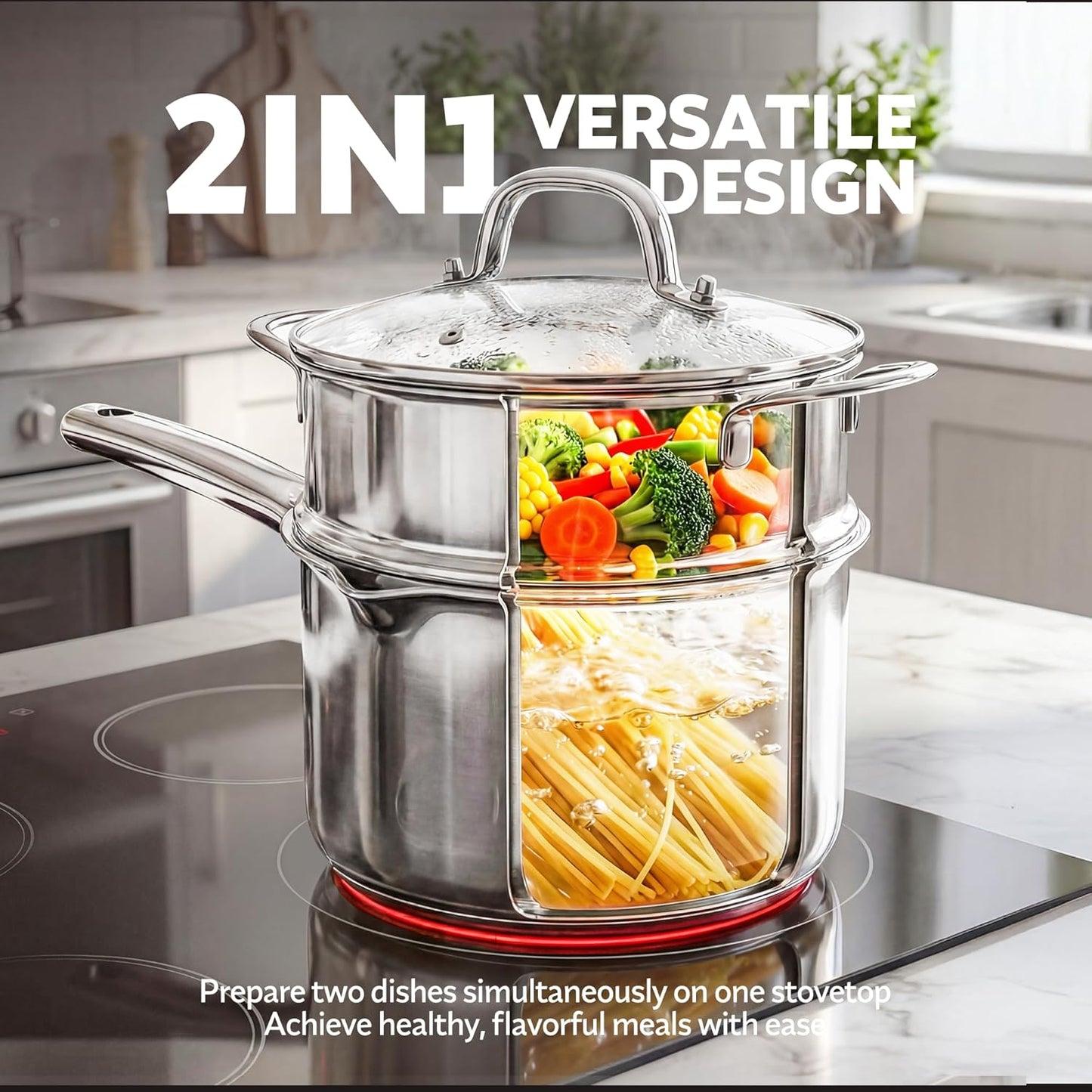 Juego vaporizador cacerola 2en1 acero inox 3.5qt con tapa colador