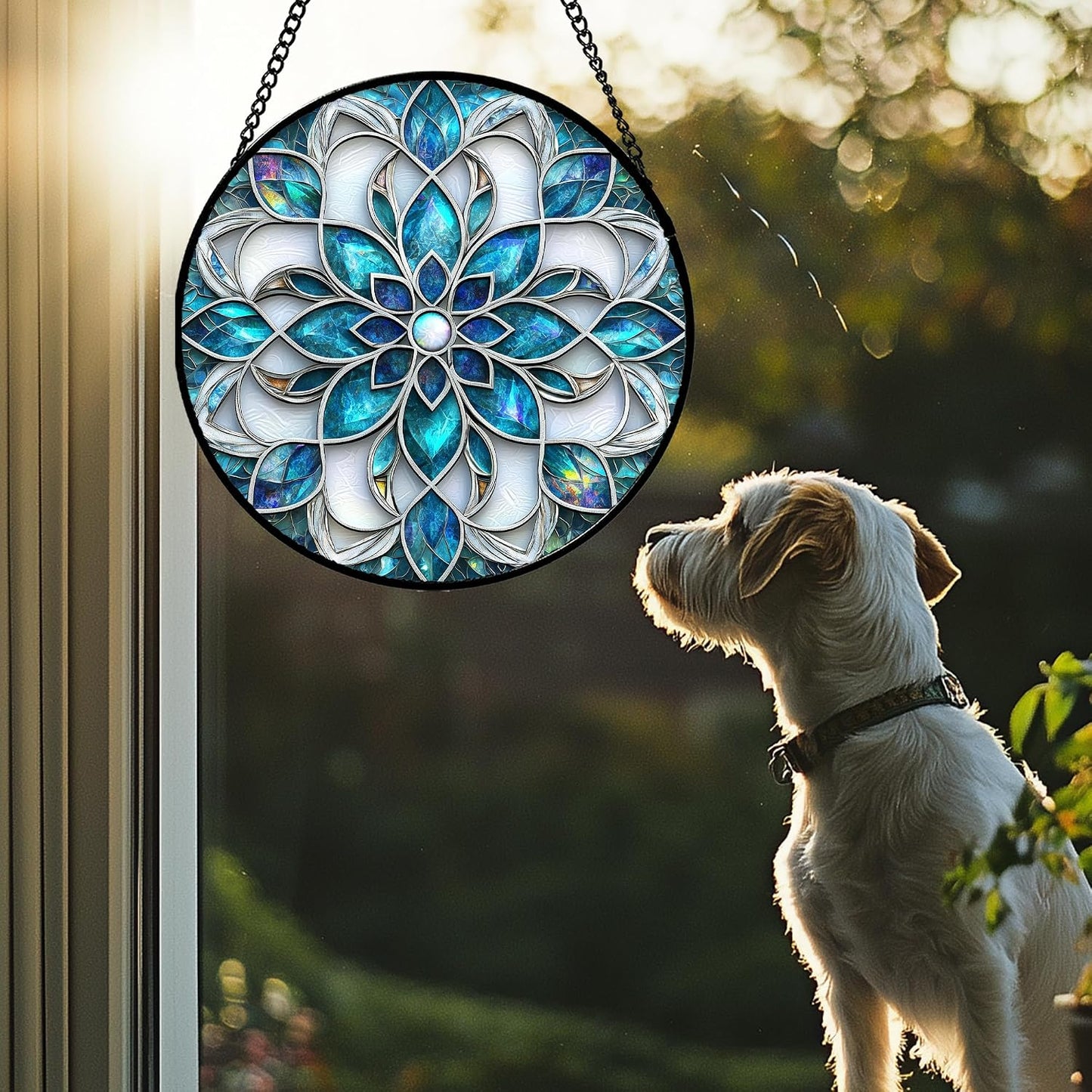 Colgante vitral flores azul y blanco puerta jardín