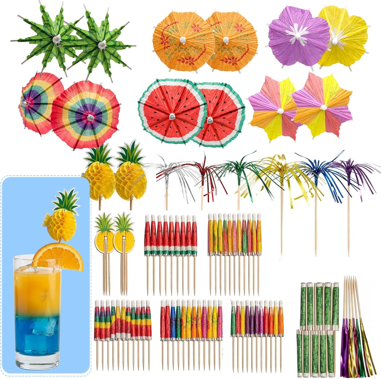 80 Sombrillas Cóctel Tropicales Bambú Fiesta Aloha