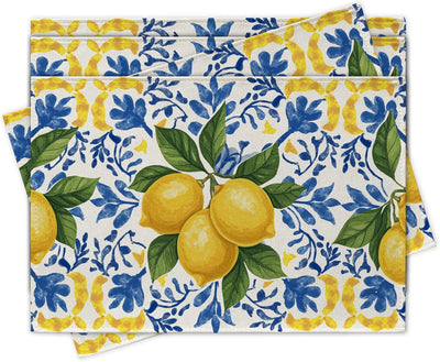 Set 4 manteles Capri azul limón patrón azulejos Amalfi