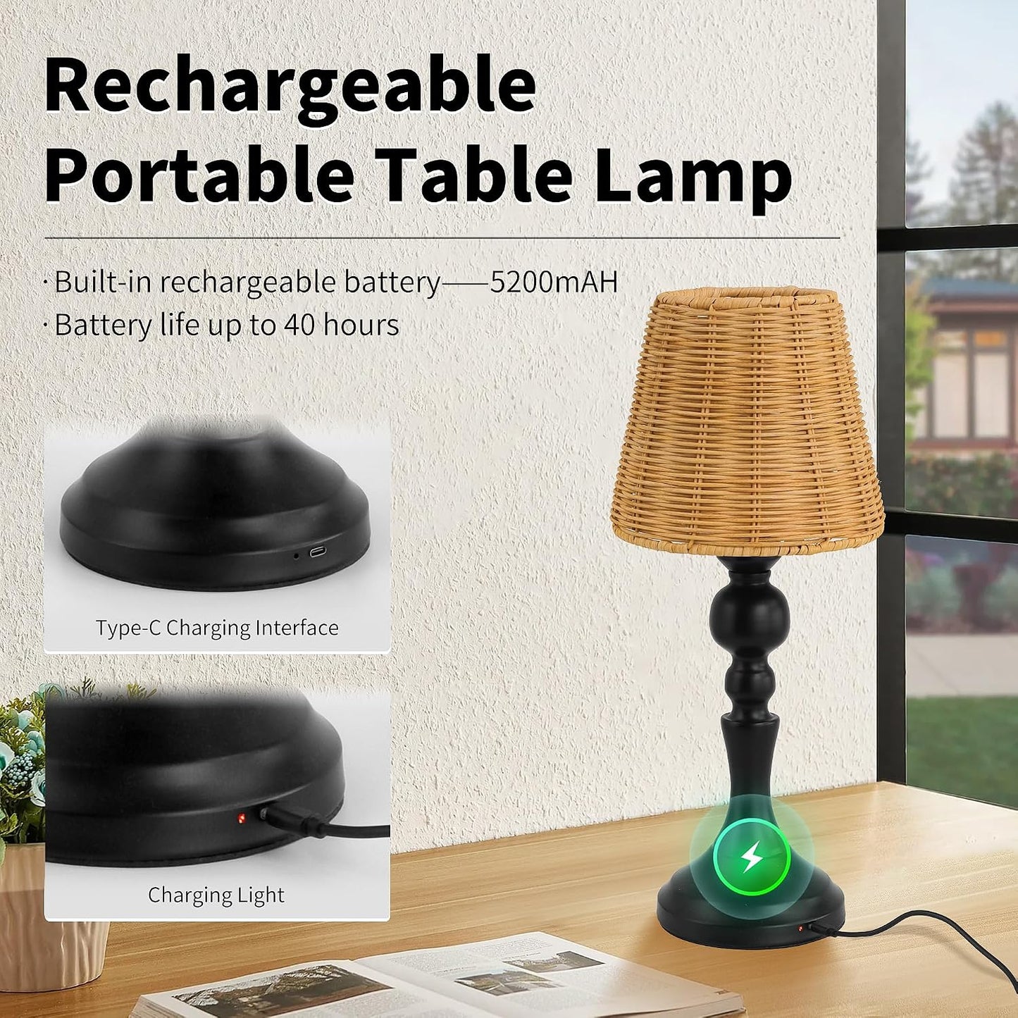 Lámpara mesa inalámbrica recargable ratán 5200mAh tactil negro