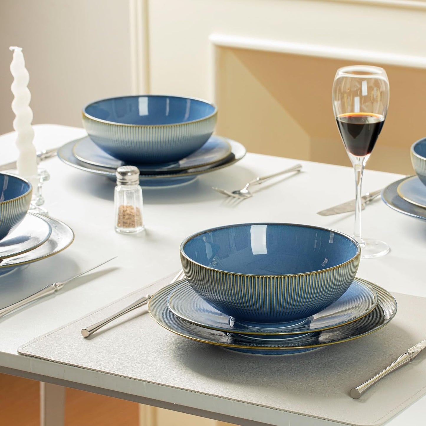 Set 12 Pzas Vajilla Cerámica Acanalada Azul