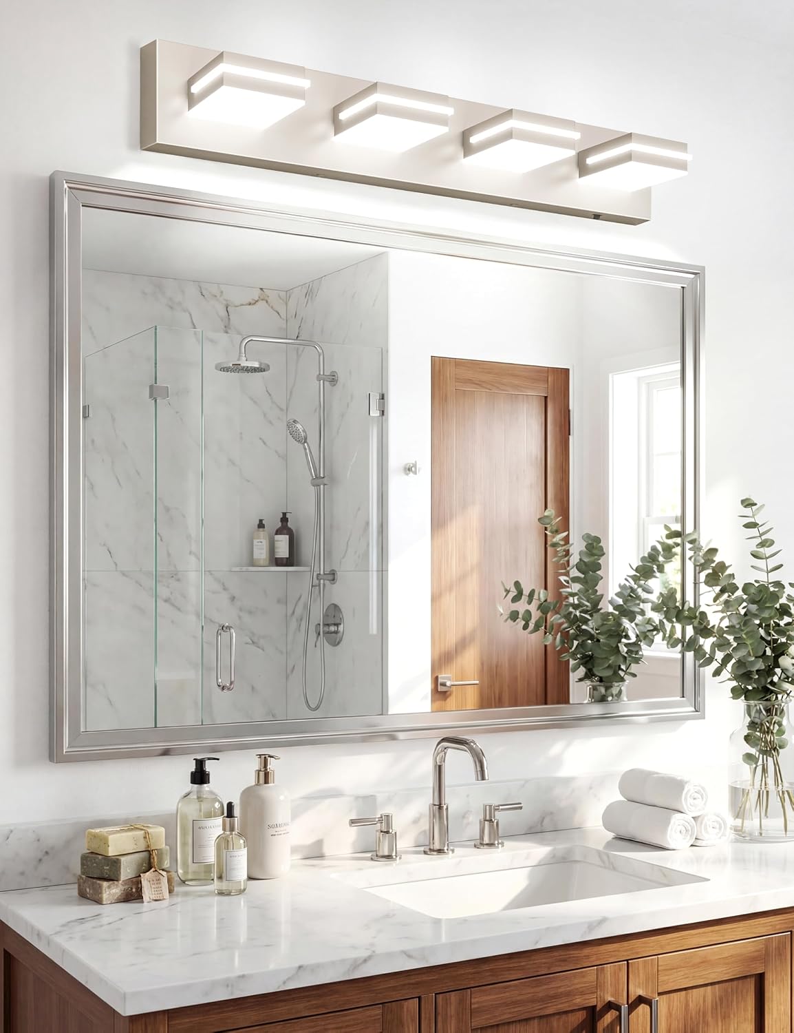 Lámpara tocador baño 30pulg LED níquel cepillado 4 luces 6000K