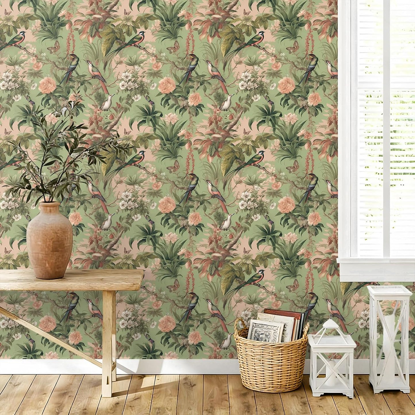 Papel Tapiz Floral Verde Vintage Pájaros Mariposas 17.7x118pulg