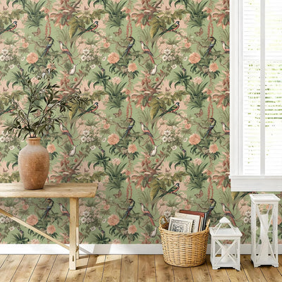 Papel Tapiz Floral Verde Vintage Pájaros Mariposas 17.7x118pulg