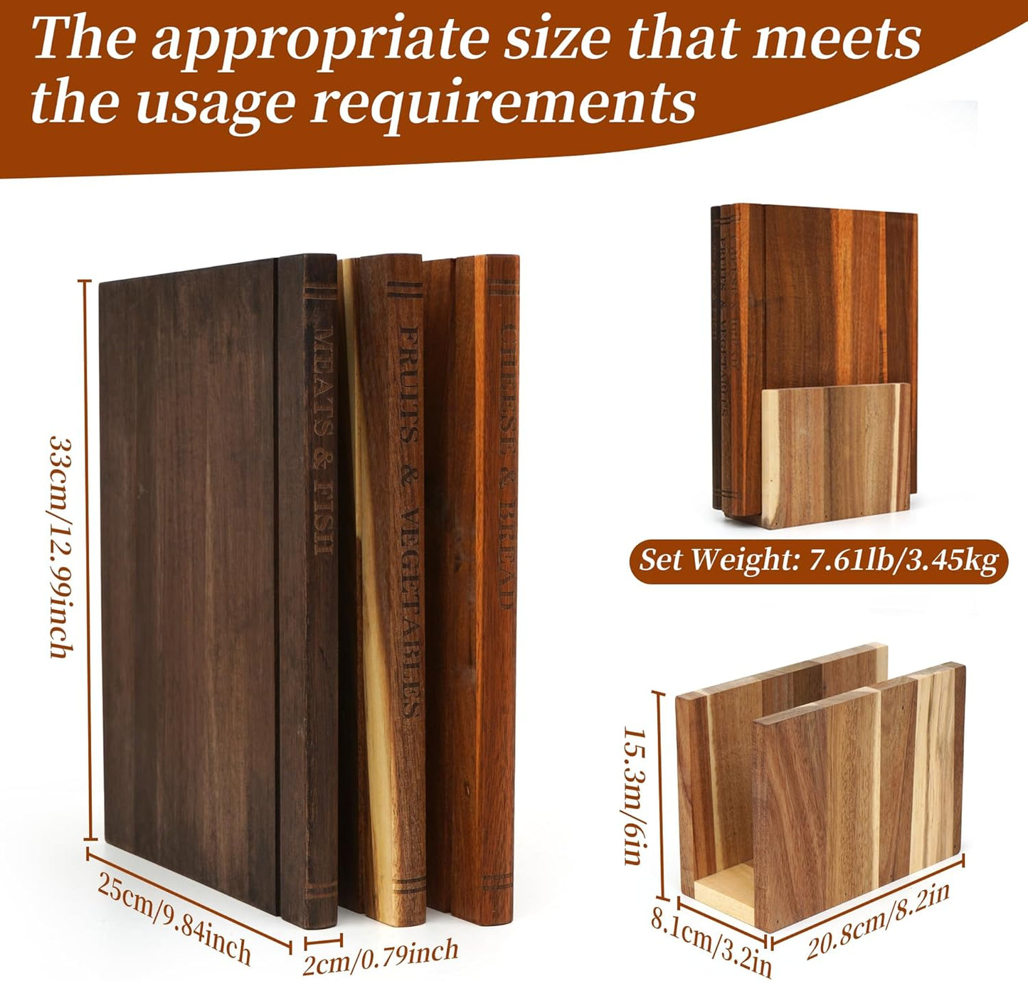 Juego de tablas de cortar con soporte de acacia para biblioteca