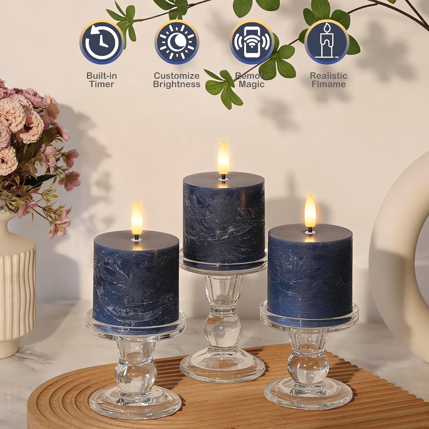 Velas sin llama azul marino con control remoto 3 pzas