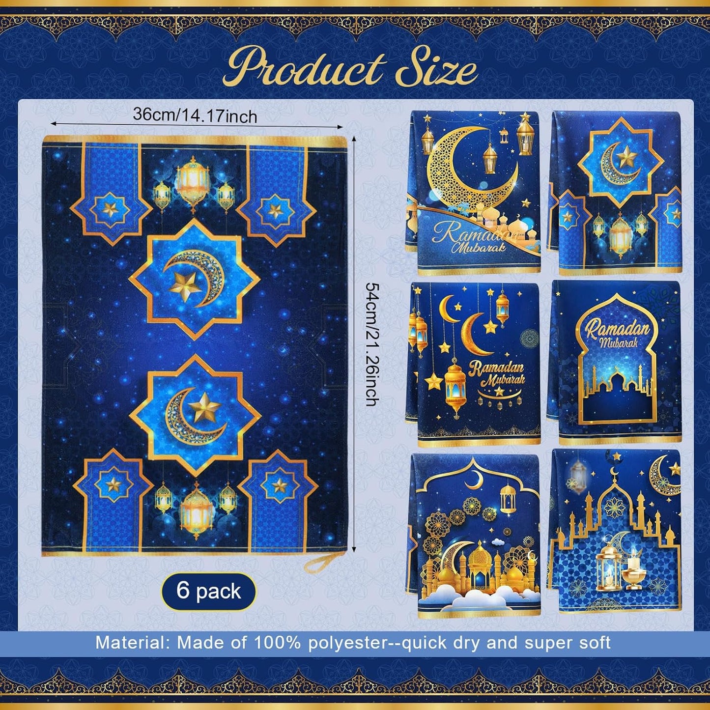 Toallas de cocina Ramadan Mubarak azul dorado 16 x 24 pulgadas