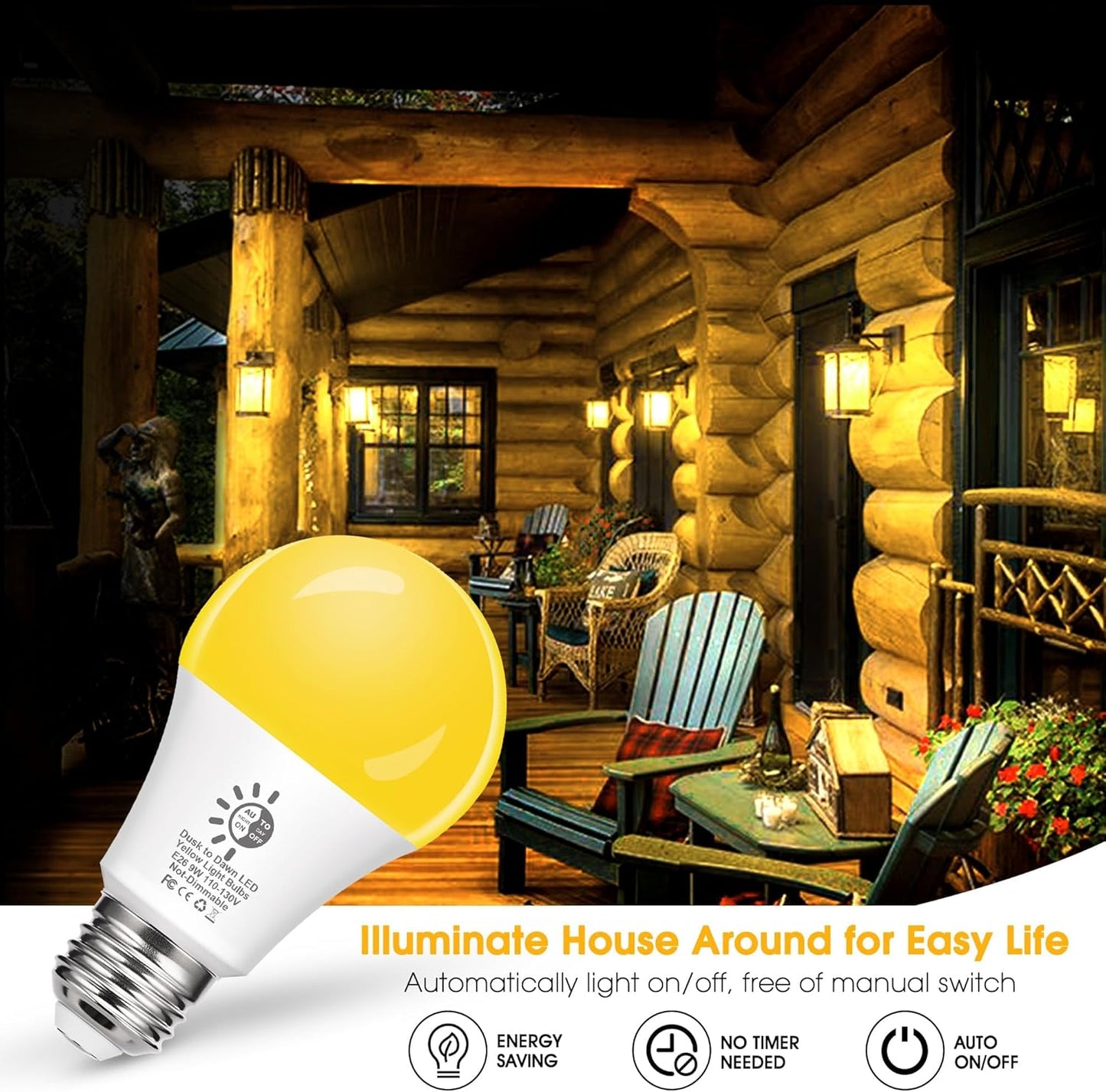 Lámpara insectos A19 amarilla LED 9W sensor luz exterior 2 Pzas
