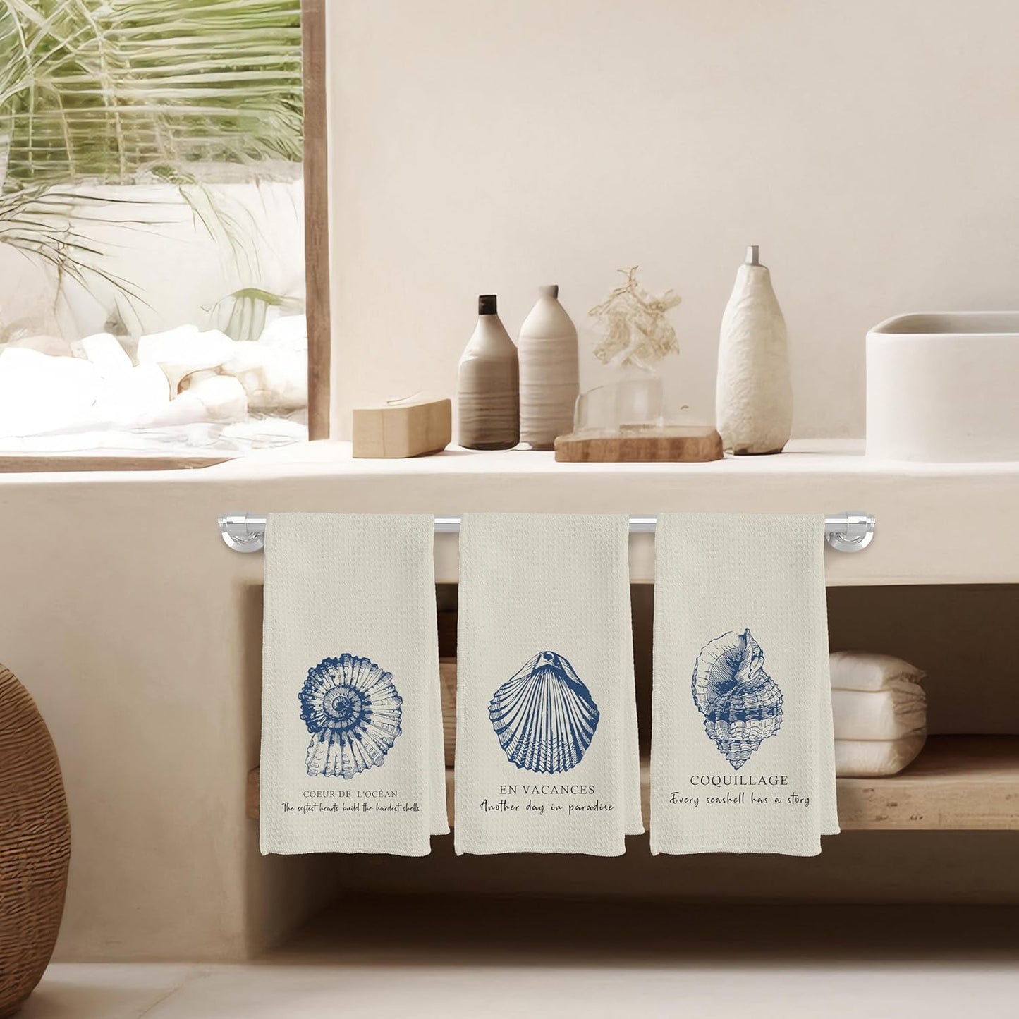 Set 3 Toallas Cocina Náuticas Con Conchas Azules